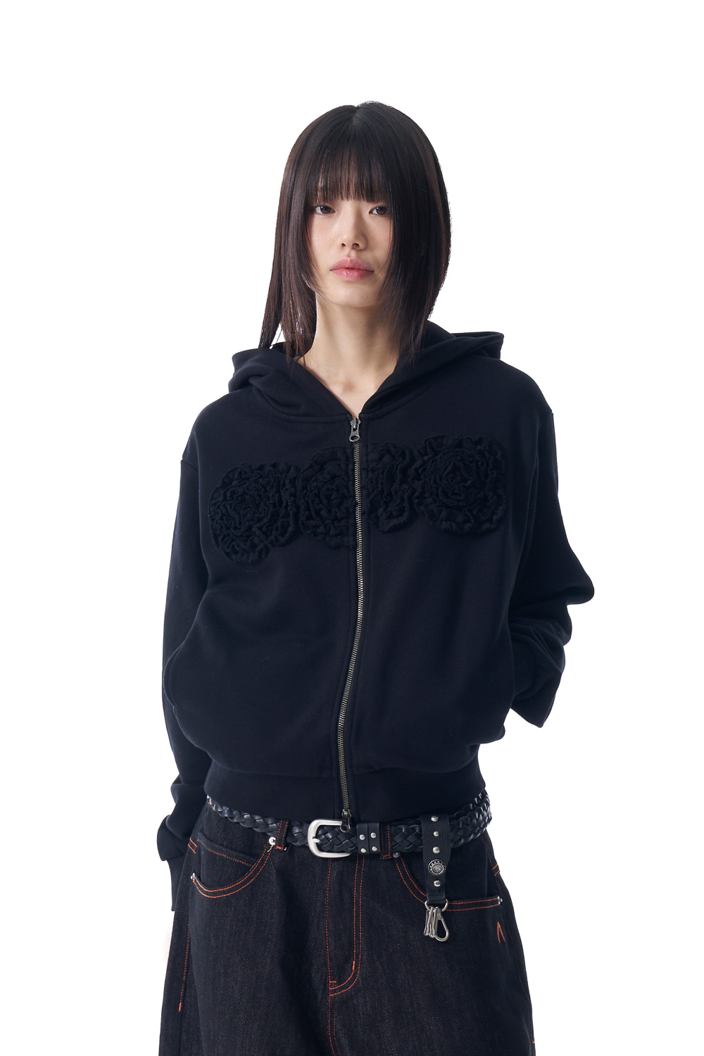 Flowers Zip-Up Hoodie (Black) - AAKAM