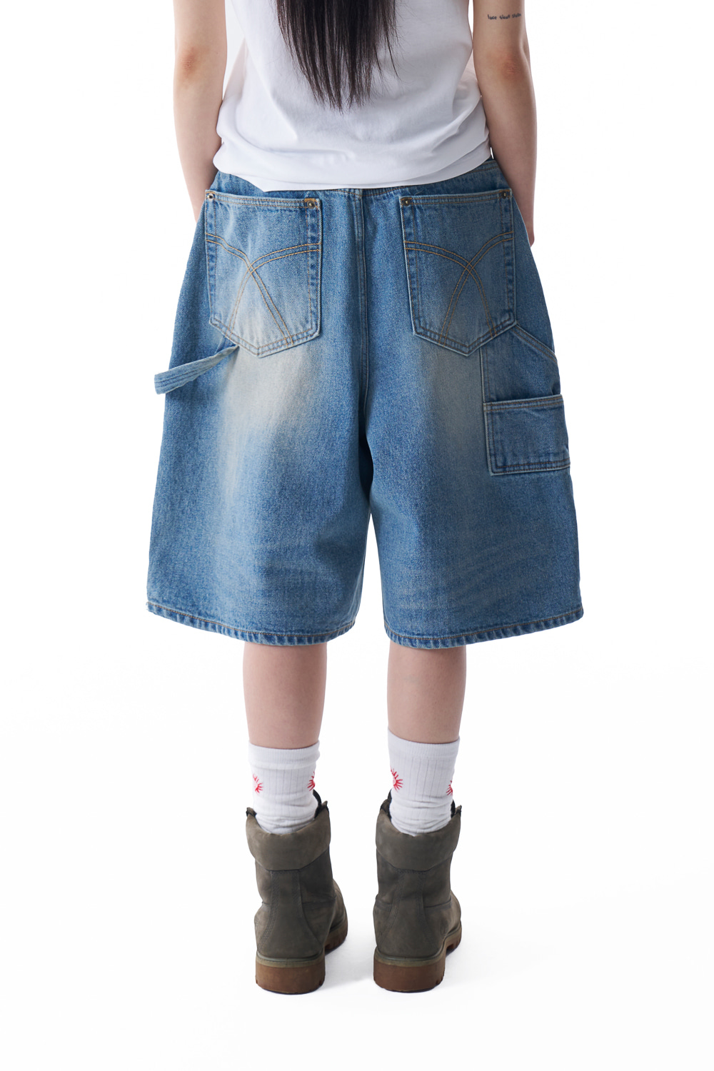 【AAKAM】Washed Double Knee Bermuda Denim Pants★男女兼用★ Washed Double Knee Bermuda Denim Pants (Blue) – Tott