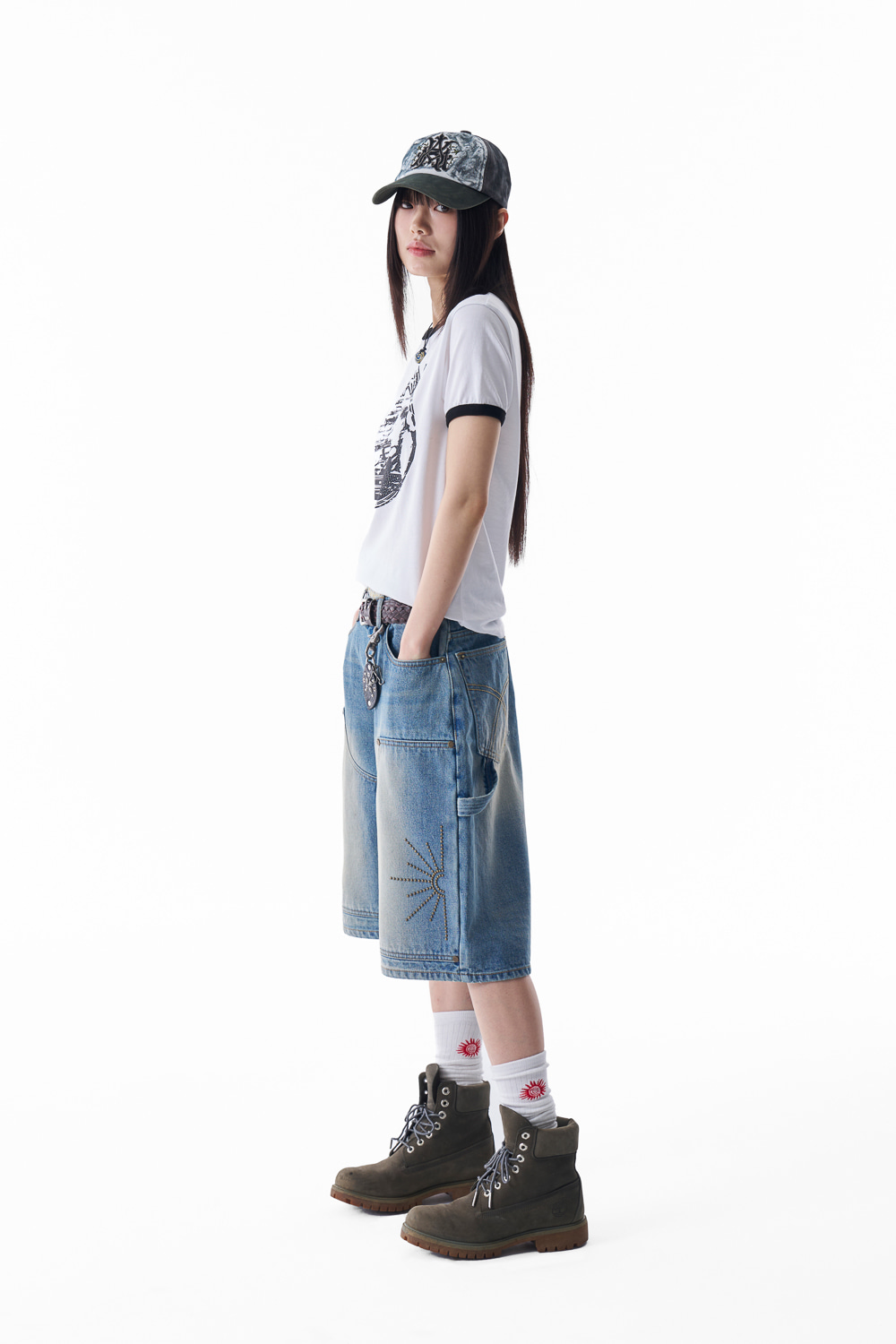 【AAKAM】Washed Double Knee Bermuda Denim Pants★男女兼用★ Washed Double Knee Bermuda Denim Pants (Blue) – Tott