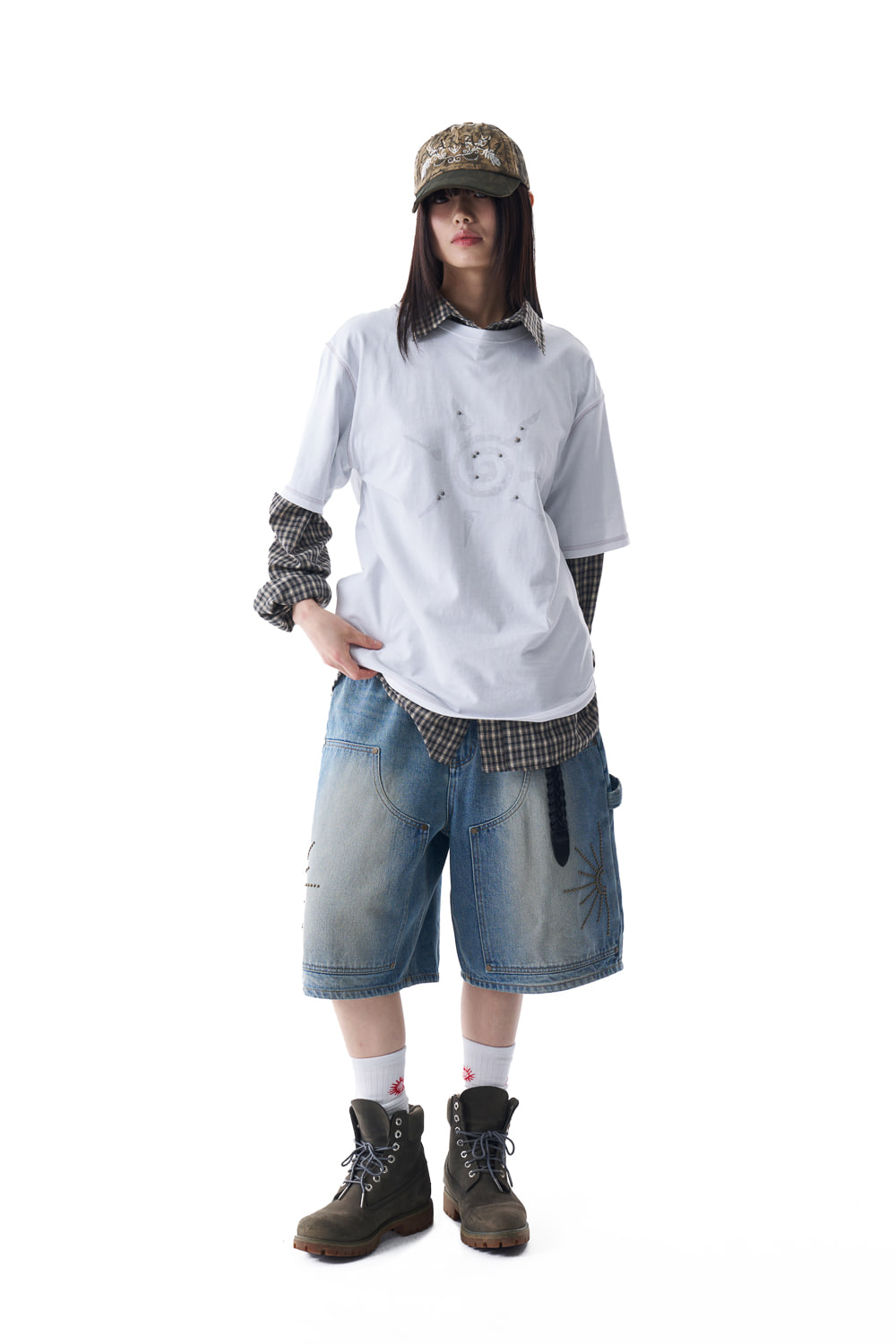 【AAKAM】Washed Double Knee Bermuda Denim Pants★男女兼用★ Washed Double Knee Bermuda Denim Pants (Blue) – Tott