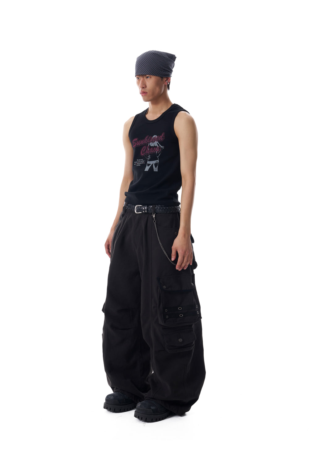 98 Knee Pin-Tuck Contrast Cargo Pants (Black) | AAKAM
