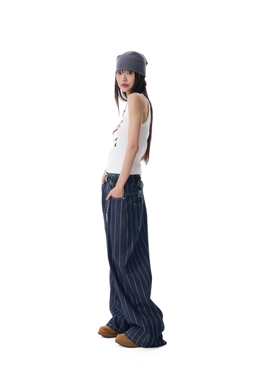 Striped Cinch Back Denim Pants (Blue) - AAKAM