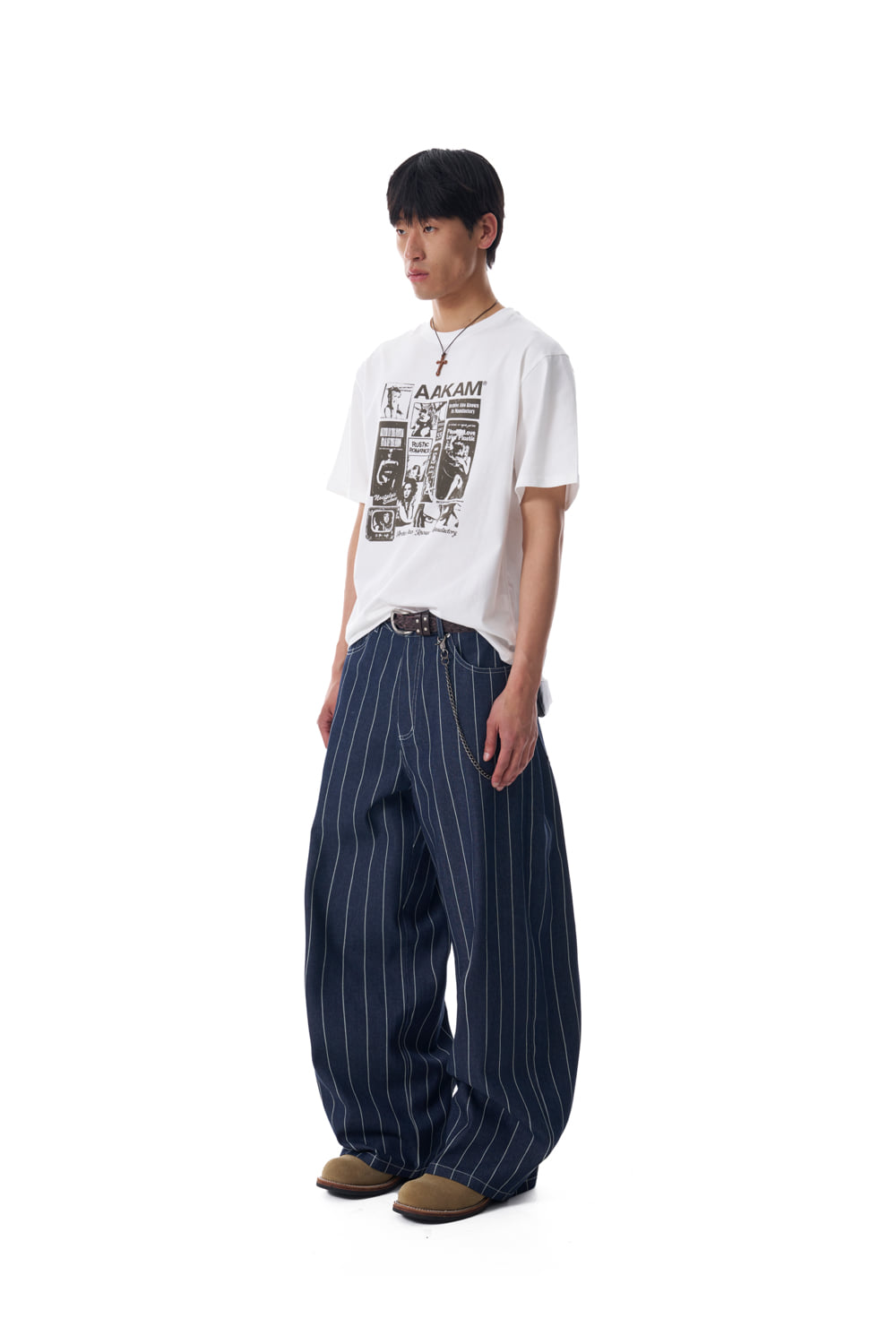 Striped Cinch Back Denim Pants (Blue) - AAKAM