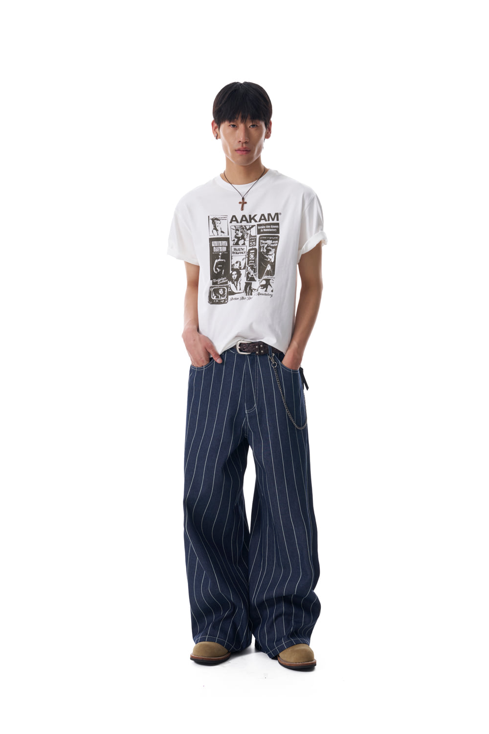 パンツ AAKAM Striped Cinch Back Denim Pants Striped Cinch Back Denim Pants (Blue) - AAKAM