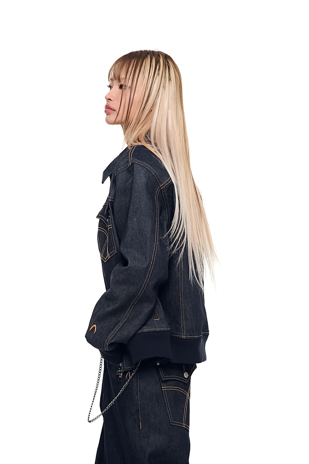 Banding Denim Zip-Up Jacket (Dark Blue) - AAKAM