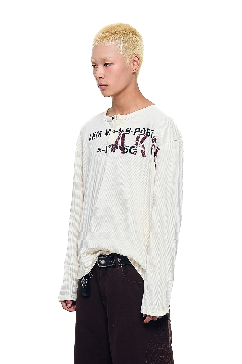 Waffle Henry Neck Long Sleeve (Ivory) - AAKAM