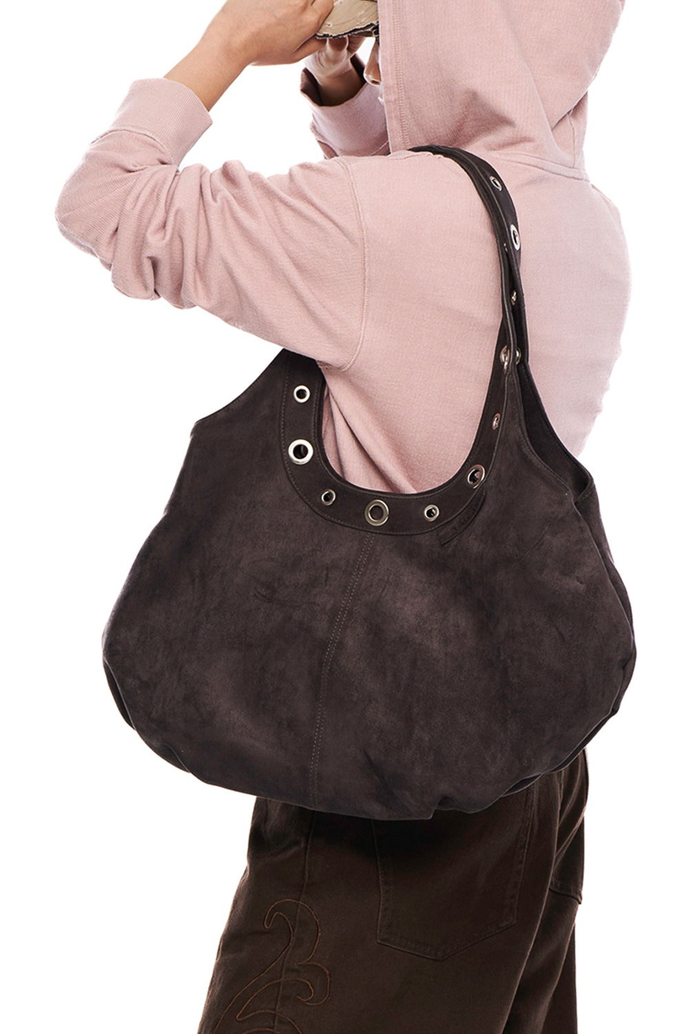 Suede Eyelet Dumpling Bag (Charcoal) | AAKAM