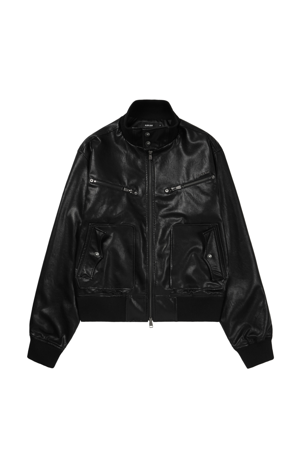 High-Neck Leather Jacket (Black) - AAKAM