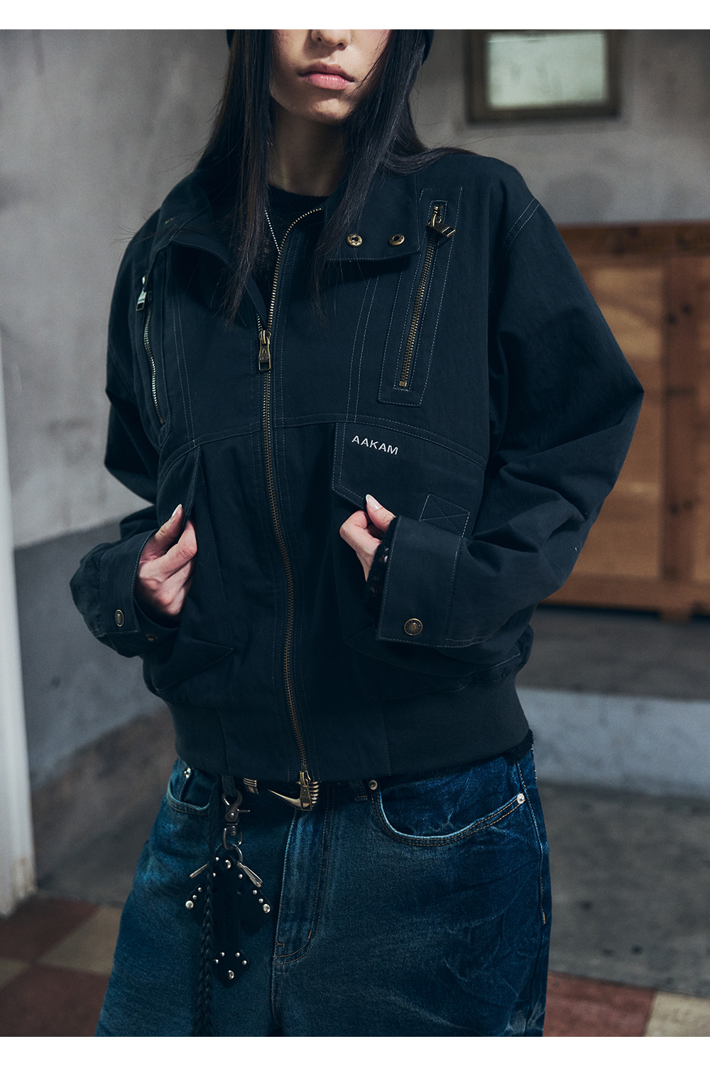 Zippered High Neck Jacket (Black) - AAKAM