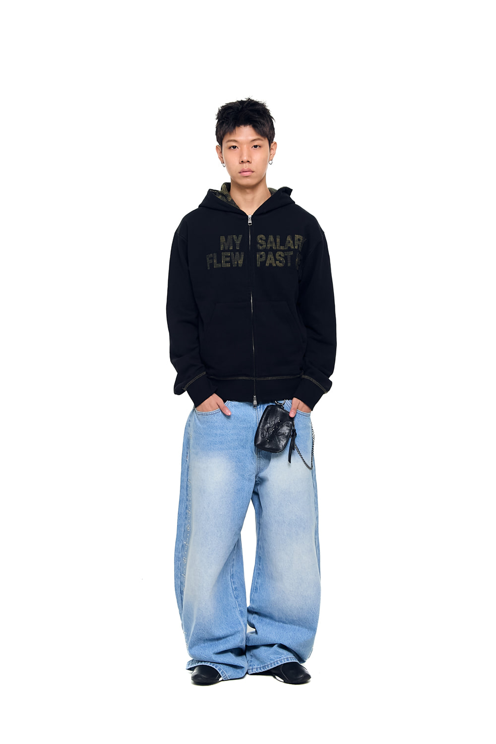 Contrast Patch Zip-Up Hoodie (Black) - AAKAM