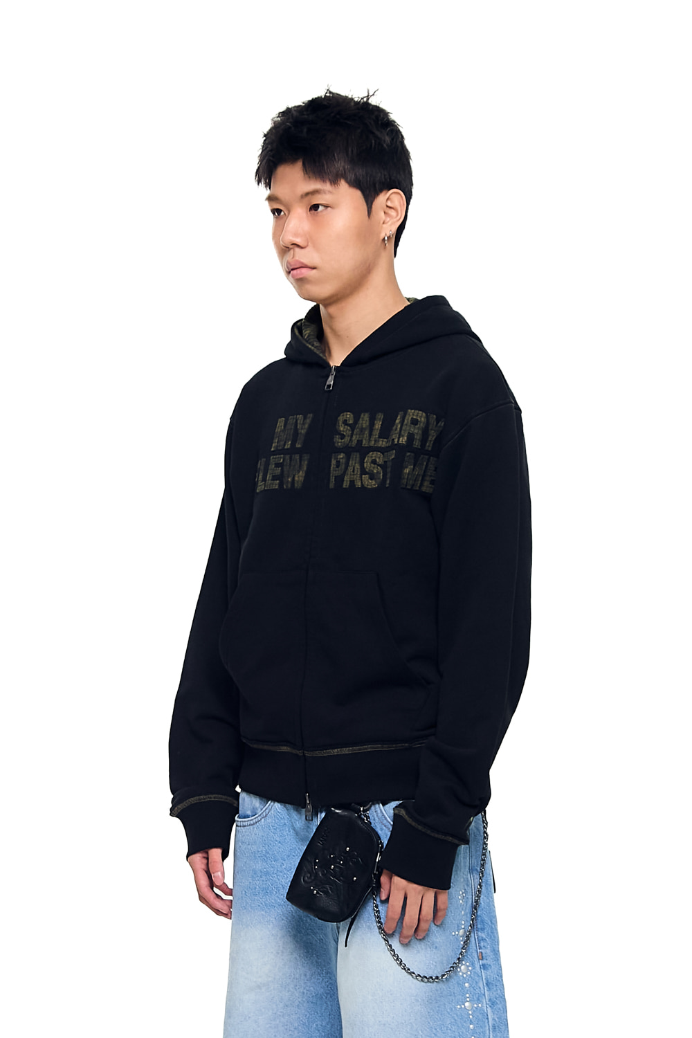 Contrast Patch Zip-Up Hoodie (Black) - AAKAM