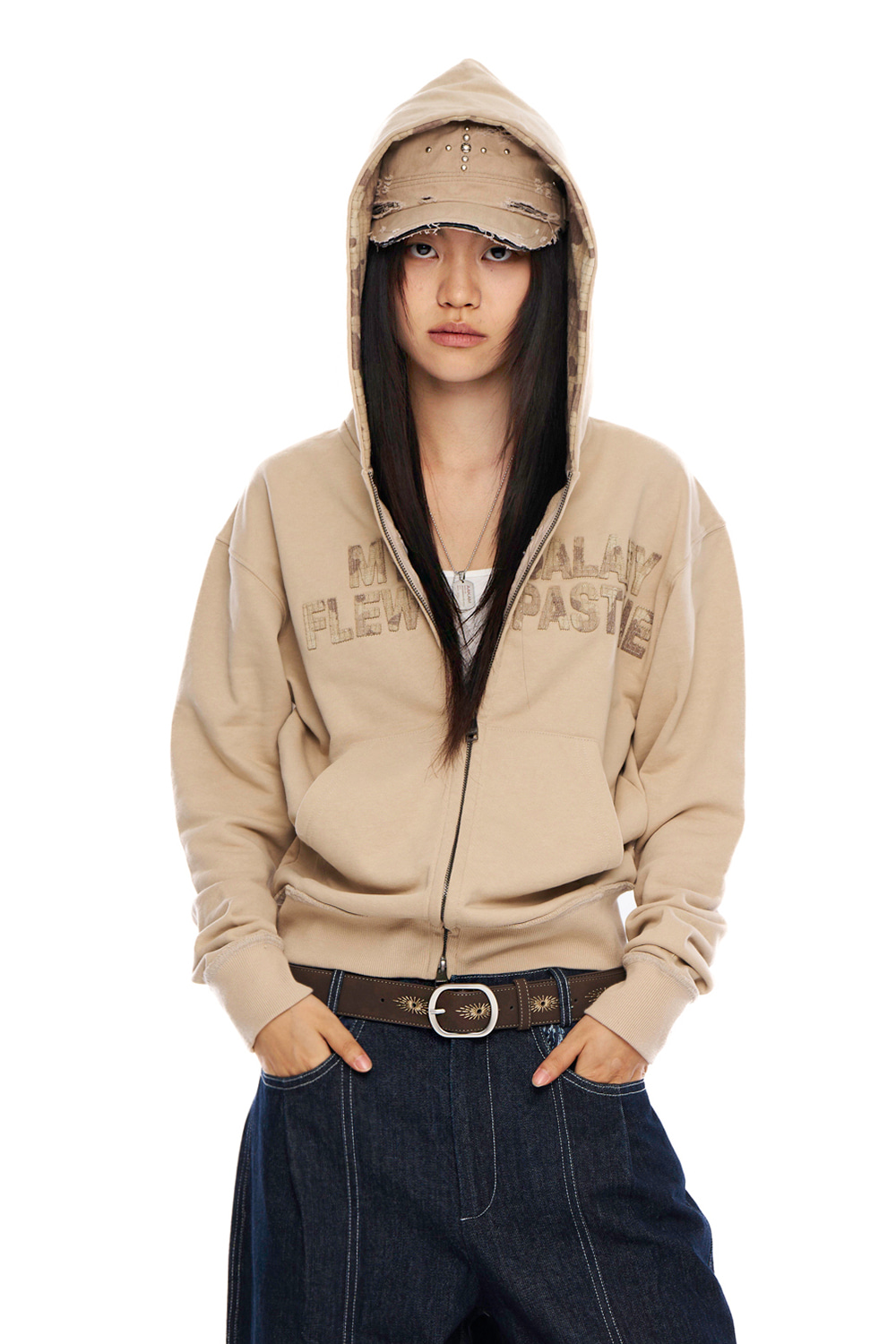 Contrast Patch Zip-Up Hoodie (Beige) - AAKAM