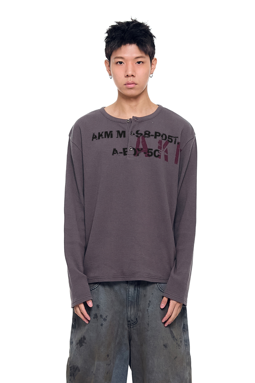 Waffle Henry Neck Long Sleeve (Brown) | AAKAM