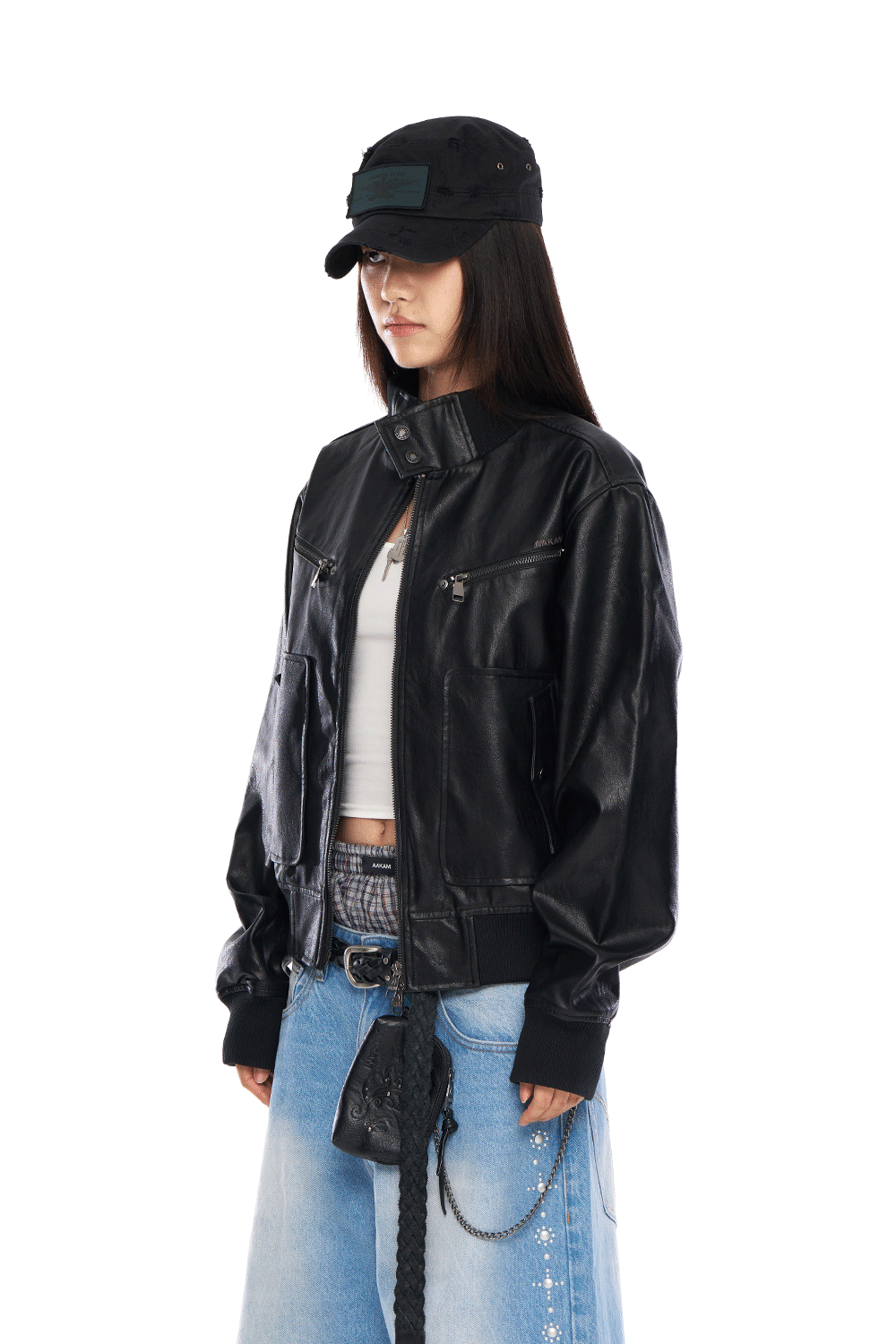 High-Neck Leather Jacket (Black) - AAKAM