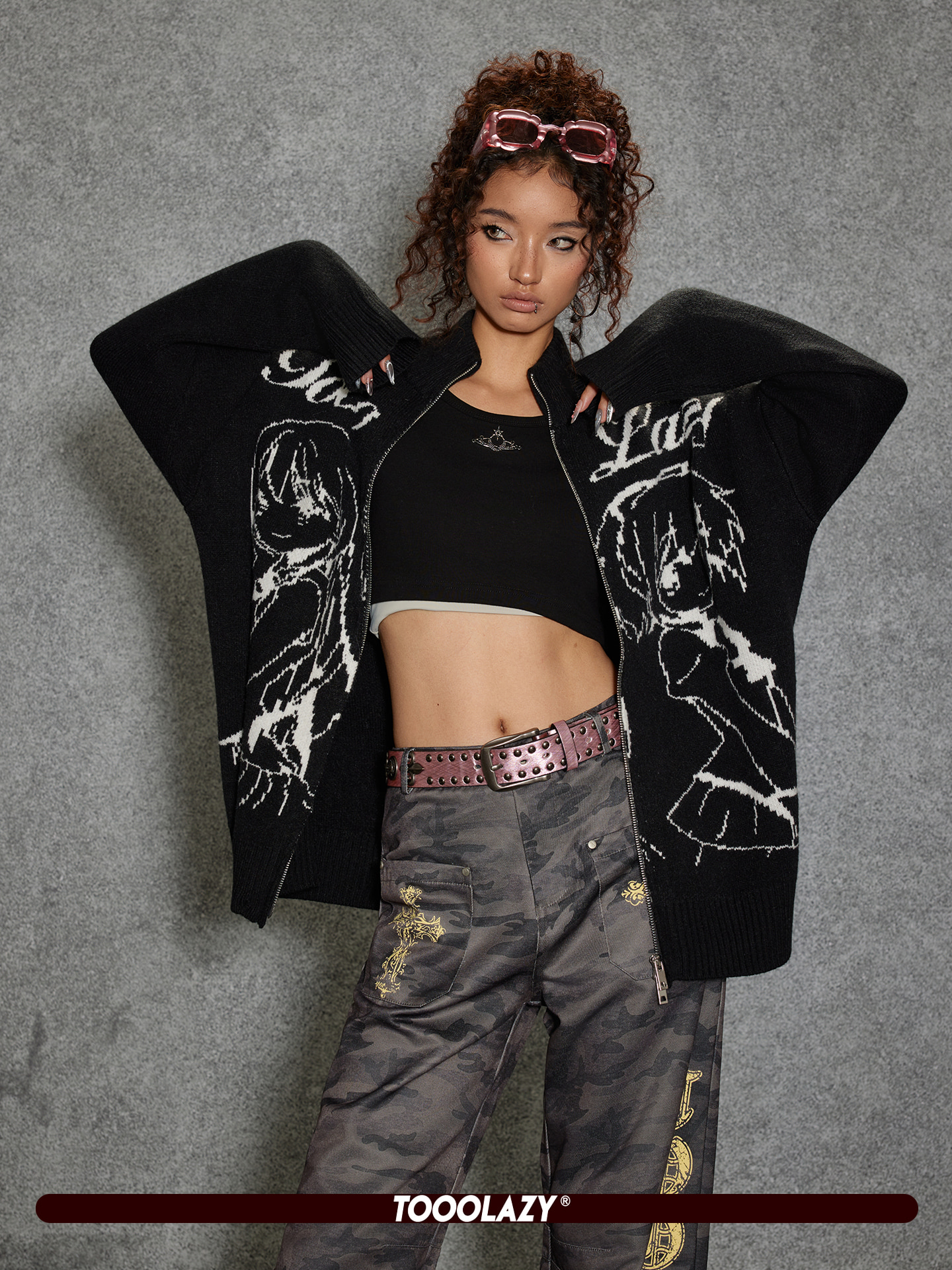 TOOOLAZY Graffiti-Print Knit Cardigan - JAKANA