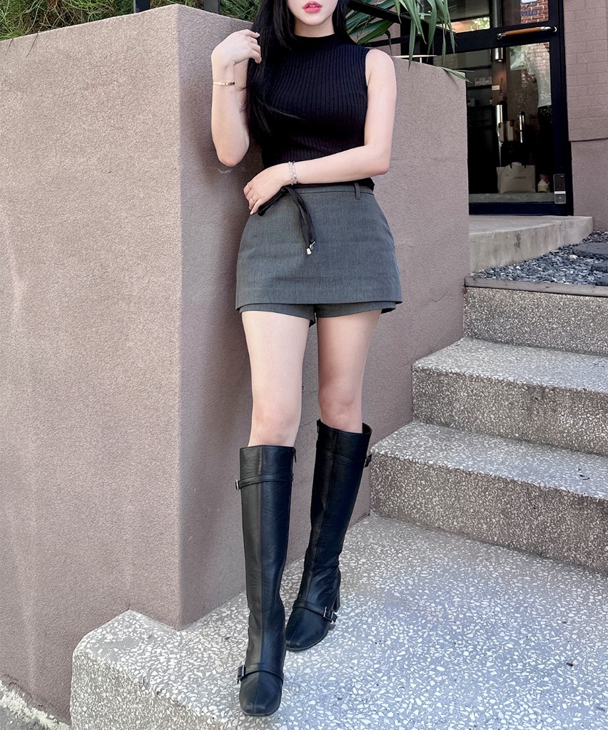 buckled strap long boots black