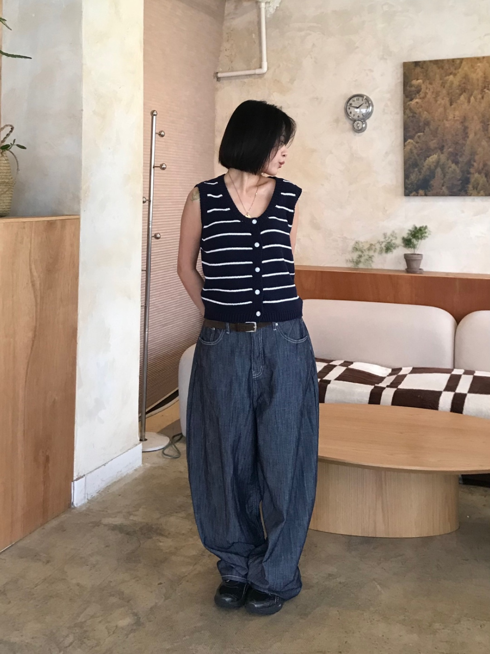 Junページ 甘織デニムボーイフレンドフルレングスパンツ 72419 DEEPBLUE