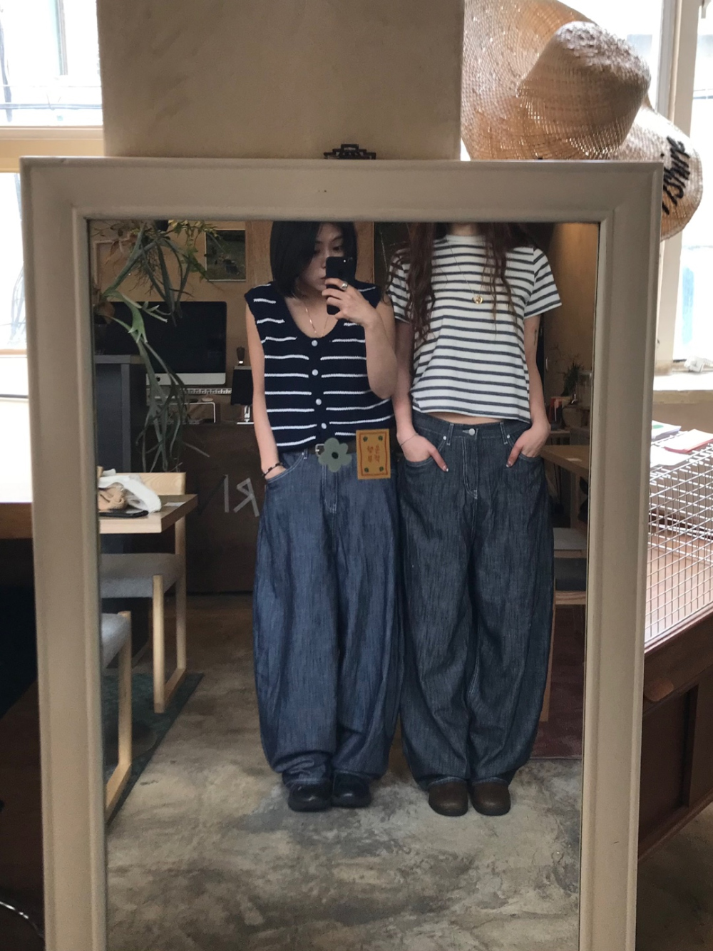 Junページ 甘織デニムボーイフレンドフルレングスパンツ 72419 DEEPBLUE