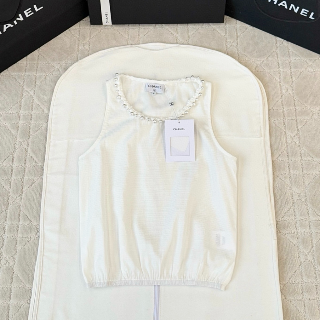 샤넬 코튼 자카드 실크 펄 화이트 탑 P79078-V70789-00100