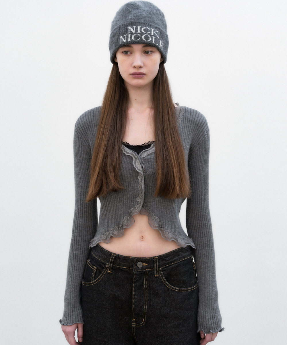 LACE FRILL ESSENTIAL CROP CARDIGAN_GRAY - NICKNICOLE