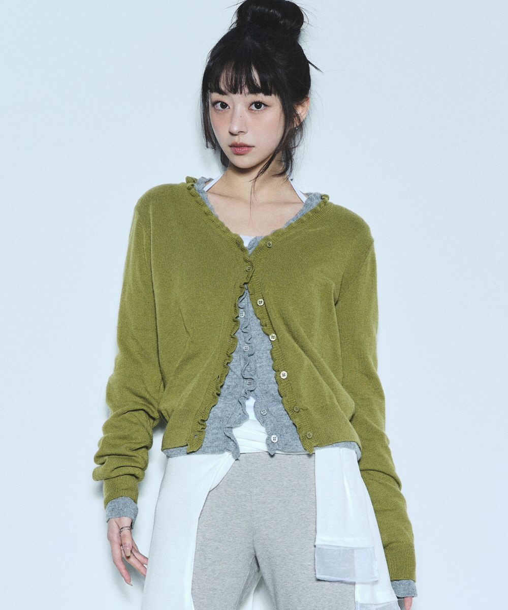 Lee Ha-eun PICK] FRILL KNIT CARDIGAN_OLIVE - NICKNICOLE