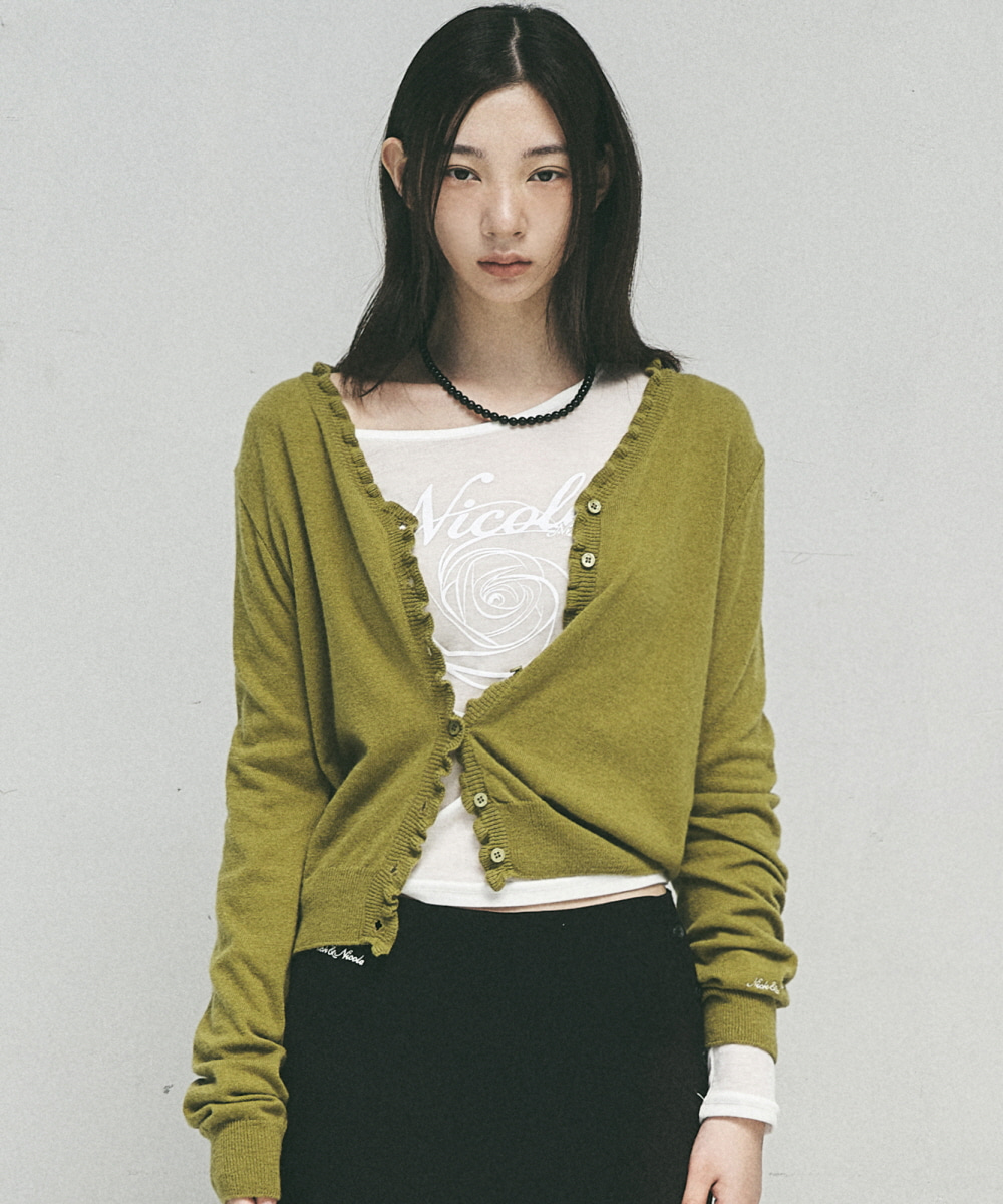 FRILL KNIT CARDIGAN_OLIVE - NICKNICOLE