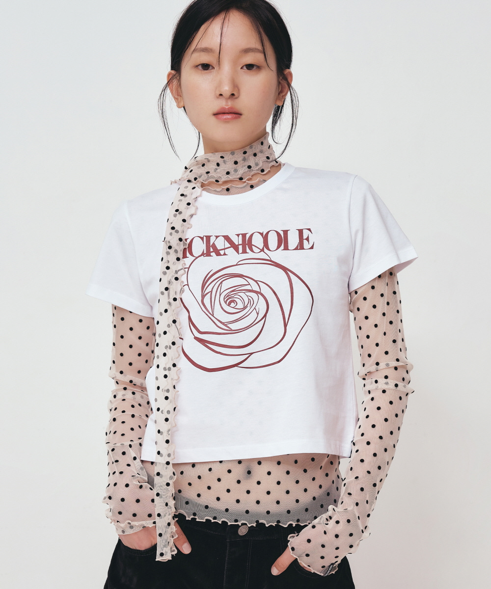 韓国 人気 フラワーロゴT[NICK&NICOLE] ROSE SIGNATURE CROP TOP ROSE SIGNATURE CROP TOP_WHITE BLACK - 닉앤니콜