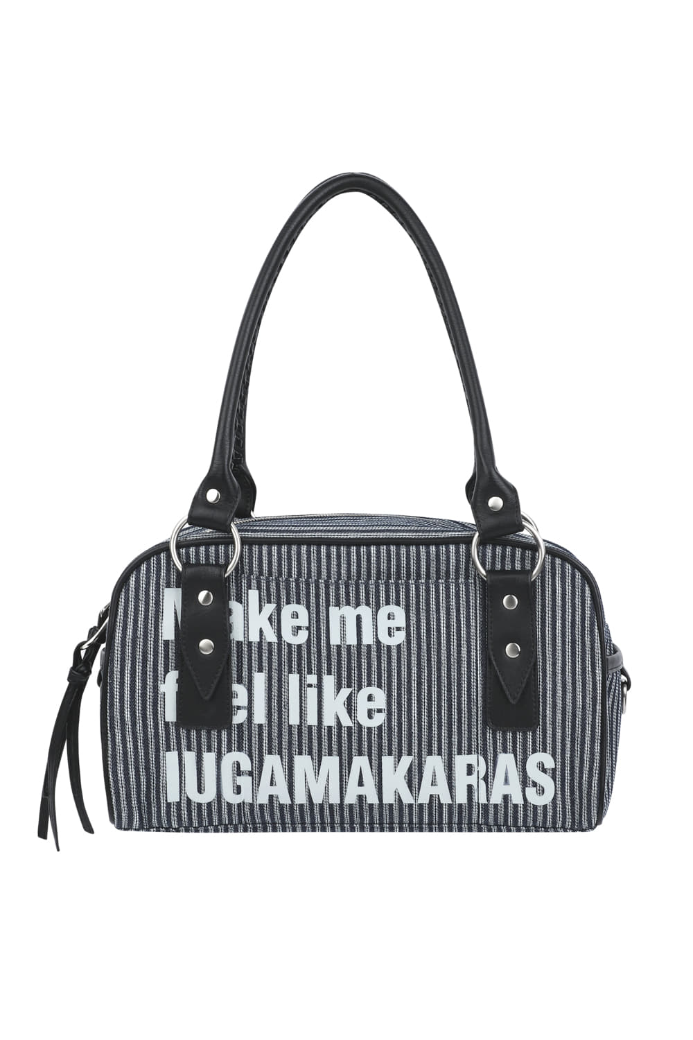 IUGAMAKARAS ■ Striped Typography Bowling Bag Striped Typography Bowling Bag - IUGAMAKARAS