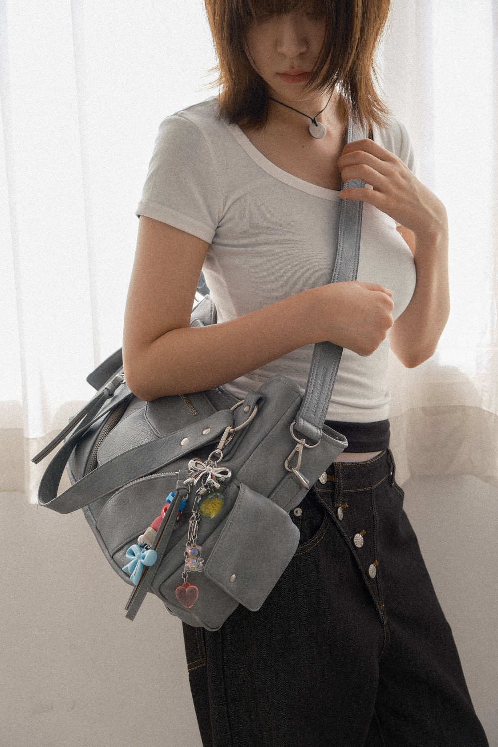 Studded Leather Shoulder Bag (Sky Blue) - IUGAMAKARAS