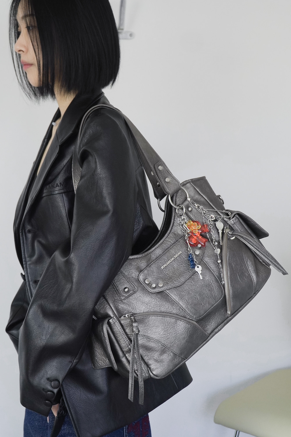 Studded Leather Shoulder Bag (Silver) - IUGAMAKARAS