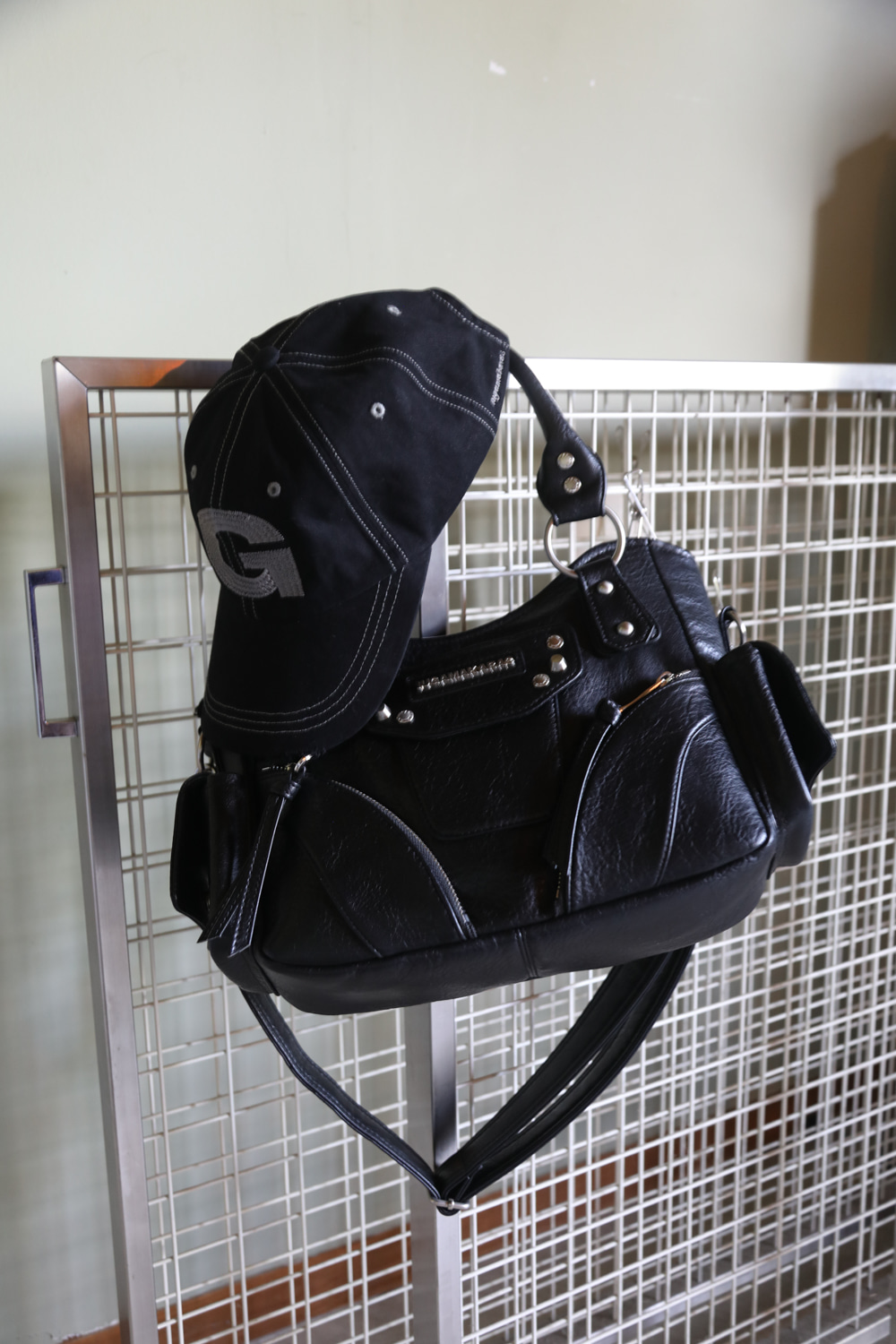 Studded Leather Mini Shoulder Bag (Black) - IUGAMAKARAS