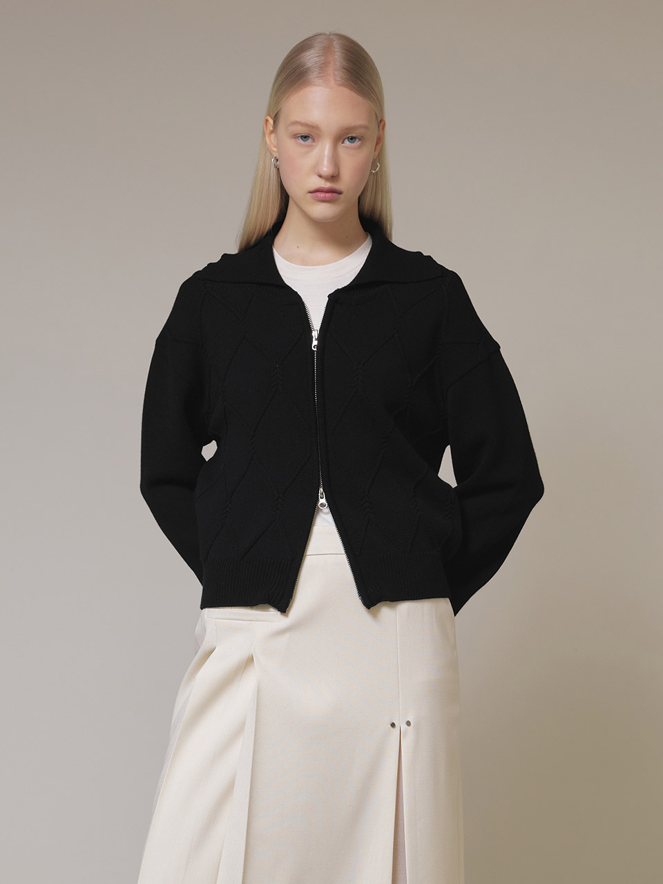 Zip Up Knit Cardigan in Black VK4SD072-10 | RAIVE