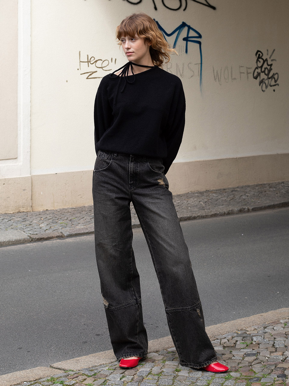 Vintage Washing Wide Denim Pants in Black VJ4AL383-10 - RAIVE