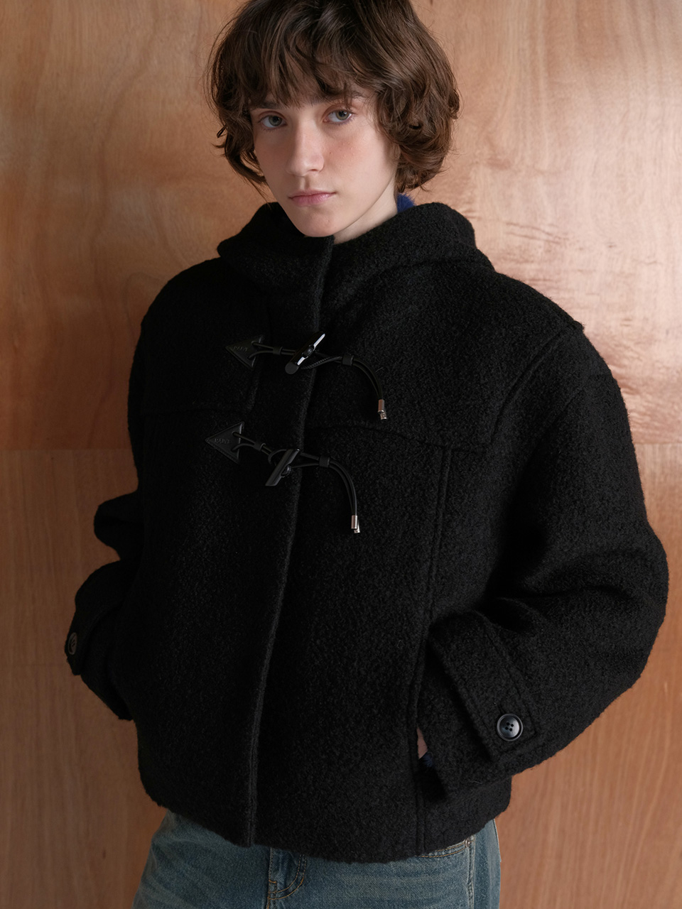 Boucle Duffel Half Coat Jacket in Black VW5WJ241-10 | RAIVE