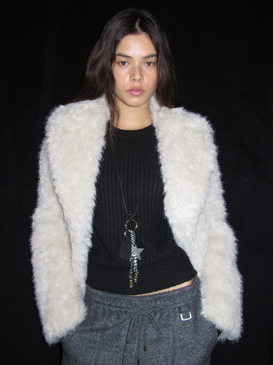 Wide-Collar Fur Jacket in Ivory VF5WJ102-03 - RAIVE