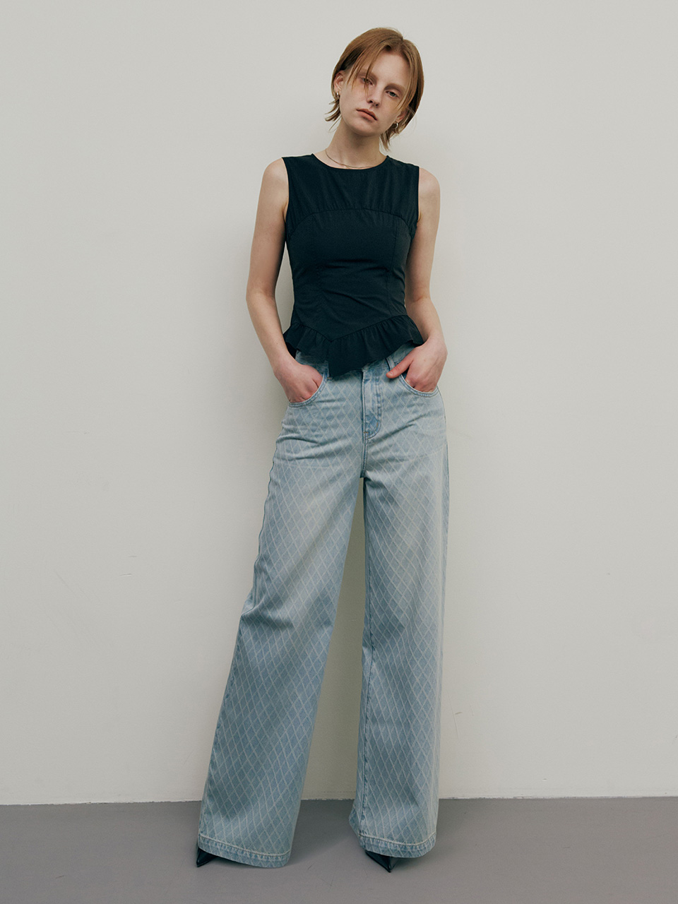 Grid Pattern Denim Pants in L/Blue VJ5ML809-AM - RAIVE