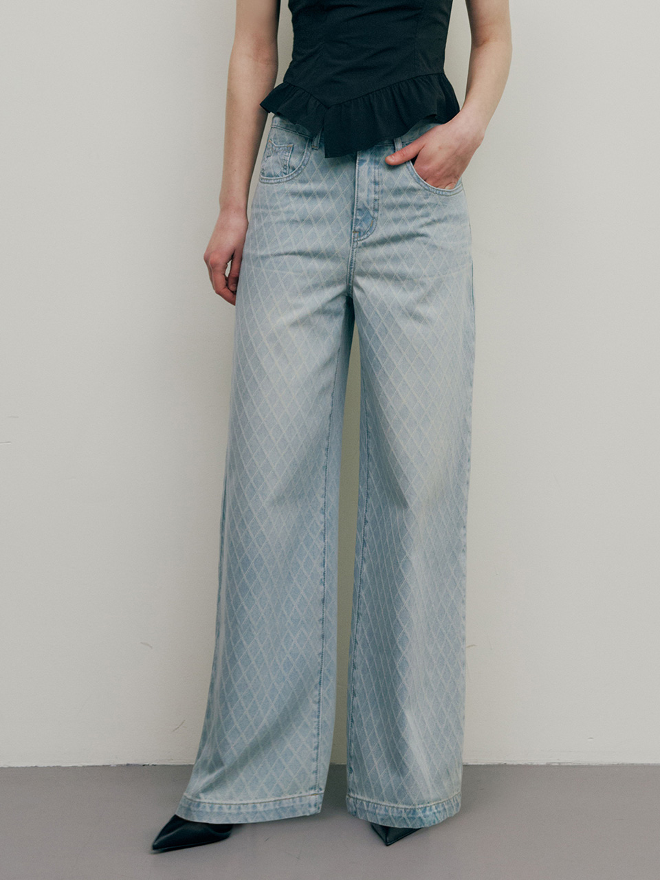 ★RAIVE★ Wide Denim Pants in L/Blue VJ4ML185AM Grid Pattern Denim Pants in L/Blue VJ5ML809-AM - RAIVE
