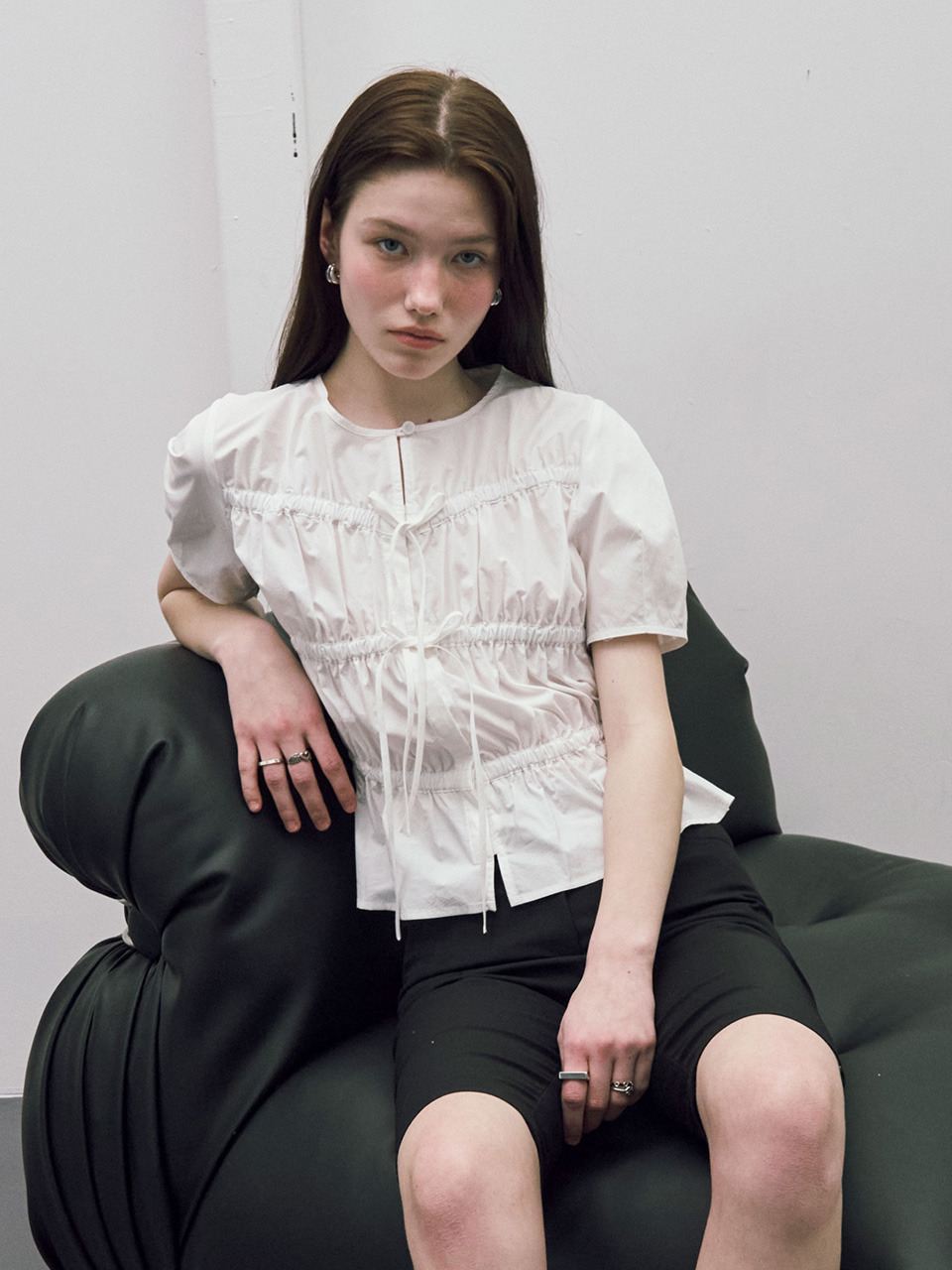 BEIGE 02M 7/11 Pre-order) Ribbon Shirring Blouse