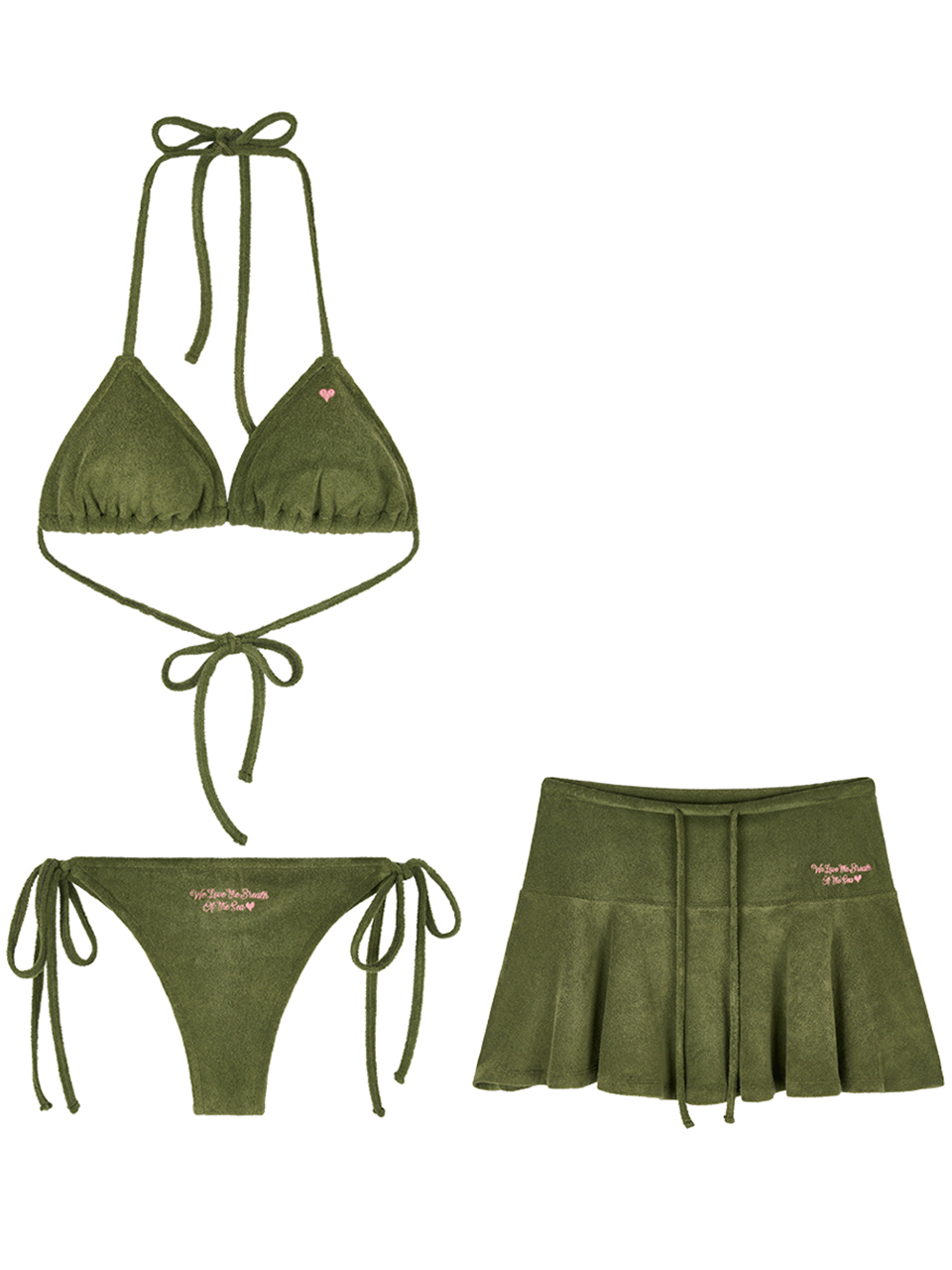 NAKED SURF CLUB ■ Heart Terry Bikini + Flare Mini Skirt Heart Terry Bikini + Flair Mini Skirts (Olive) - 네이키드