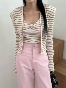 리프 단가라 가디건 set - 세련된 스트라이프 패턴의 여성용 가디건 세트 이미지