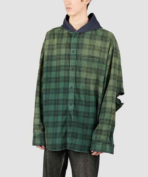 후드 디스트레스트 플란넬 셔츠