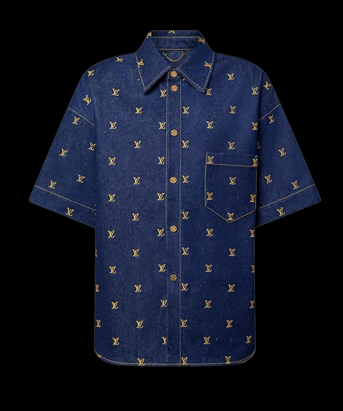 로고 자수 반소매 데님 셔츠