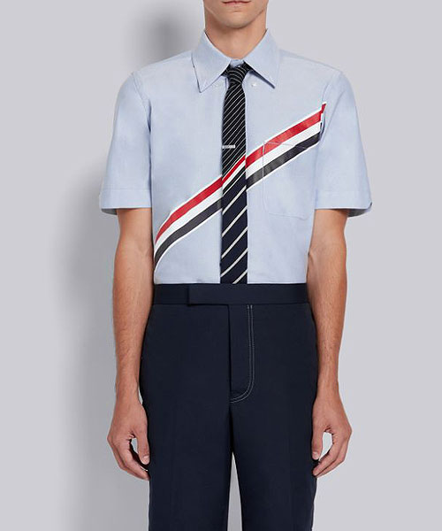 라이트 블루 코튼 옥스포드 프린팅 반소매 셔츠