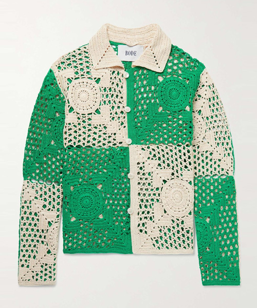 -BLOCK CROCHET-KNIT COTTON SHIRT