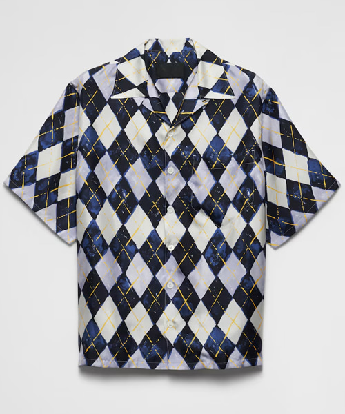 숏 슬리브 아가일 패턴 실크 트윌 셔츠