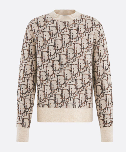 베이지 & 브라운 울 자카드 오블리크 스웨터