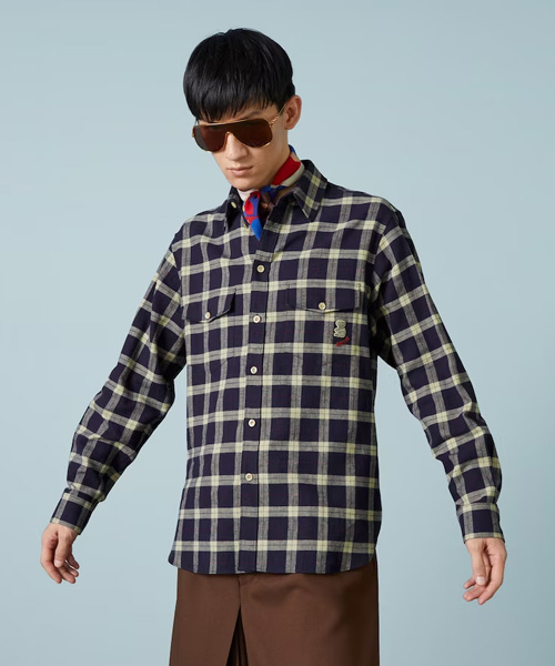 자수 코튼 체크 셔츠