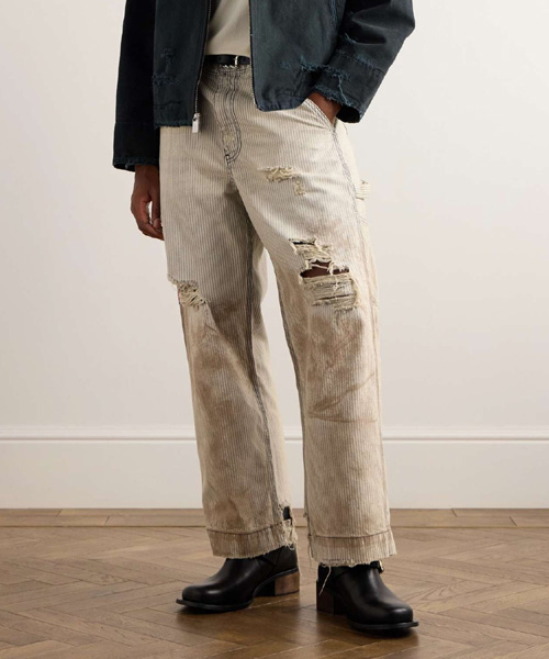 스트라이프 패턴 디스트로���드 데님 트라우저 팬츠