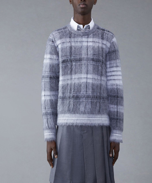 타탄 모헤어 체크 4-바 크루넥 풀오버