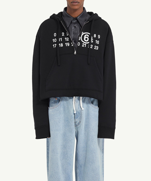 넘버 프린트 하프 집업 후디